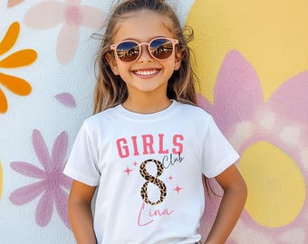 Verjaardagsshirt voor meisjes, shirt met nummer en naam in luipaardprint, verjaardagsshirt voor kinderen, cadeau in luipaardstijl voor kinderen van 1 tot 10 jaar.