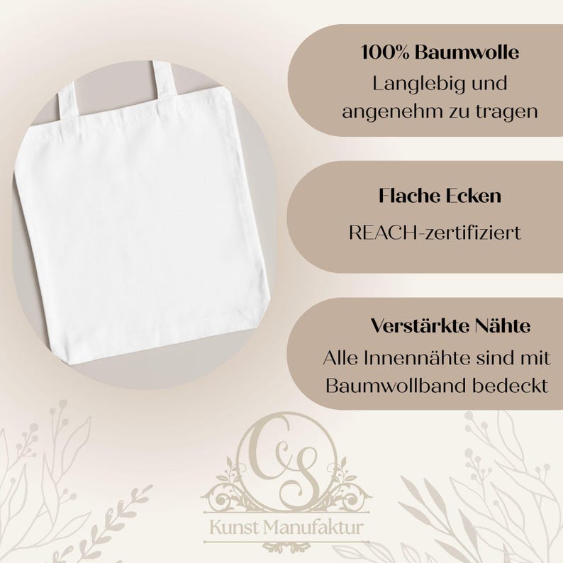 May include: A white tote bag with reinforced seams and flat corners. The bag is made of 100% cotton and is designed to be durable and comfortable. The text on the image says "Kunst Manufaktur".