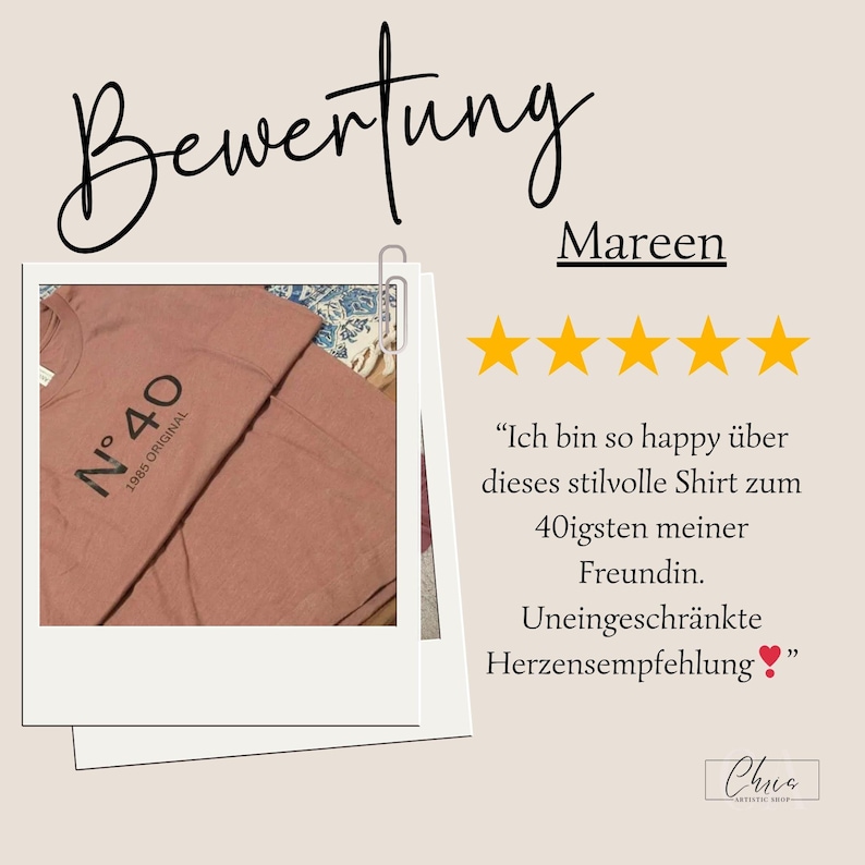 May include: A five-star review for a pink t-shirt with the text "N&deg;40 1985 ORIGINAL" printed on it. The review reads, "I am so happy with this stylish shirt for my friend's 40th birthday.  Unreservedly recommended."