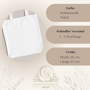 May include: A white tote bag with a rectangular shape and two handles. The bag's dimensions are 15 inches wide and 16.5 inches long. The text on the image includes "Farbe", "Schneewei&szlig;", "Natur", "Gr&ouml;&szlig;e", "Breite 38 cm", and "L&auml;nge 42 cm".
