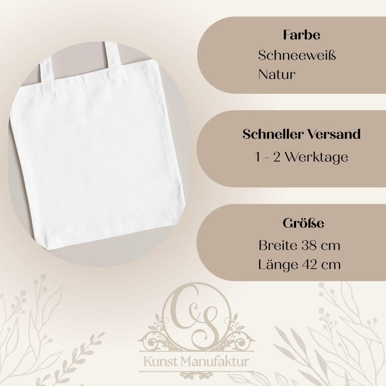 May include: A white tote bag with a rectangular shape and two handles. The bag's dimensions are 15 inches wide and 16.5 inches long. The text on the image includes "Farbe", "Schneewei&szlig;", "Natur", "Gr&ouml;&szlig;e", "Breite 38 cm", and "L&auml;nge 42 cm".