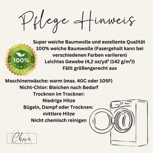 May include: A cream-colored graphic with German text detailing fabric care instructions. The text includes washing temperature, drying, and ironing guidelines. A washing machine illustration is on the right, and a "100% Smart Choice" seal is in the upper left.