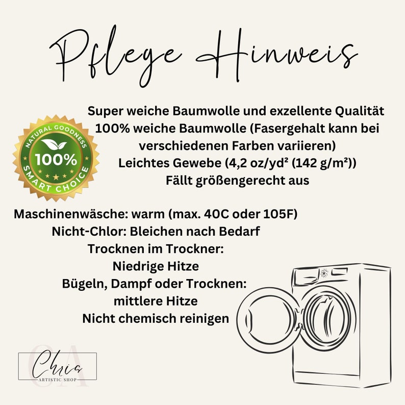 May include: A cream-colored graphic with German text detailing fabric care instructions. The text includes washing temperature, drying, and ironing guidelines. A washing machine illustration is on the right, and a "100% Smart Choice" seal is in the upper left.