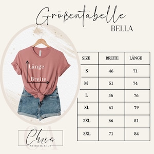 May include: A pink t-shirt on a hanger, paired with denim shorts, with a size chart labeled "Gr&ouml;&szlig;entabelle" and "BELLA." The chart lists sizes S to 3XL, with measurements in centimeters for width and length. The shop name "Chris ARTISTIC SHOP" is at the bottom.