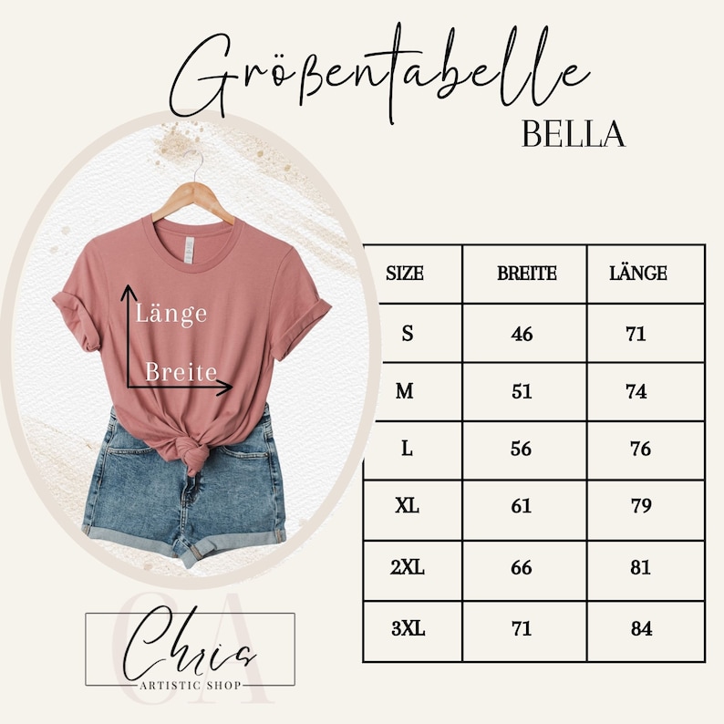 May include: A pink t-shirt on a hanger, paired with denim shorts, with a size chart labeled "Gr&ouml;&szlig;entabelle" and "BELLA." The chart lists sizes S to 3XL, with measurements in centimeters for width and length. The shop name "Chris ARTISTIC SHOP" is at the bottom.
