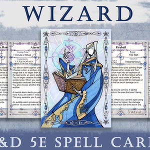 May include: Set of D&D 5E spell cards featuring a wizard illustration. The cards have a blue and white color scheme with spell names like "Mage Hand" and "Fireball". The word "WIZARD" is at the top.