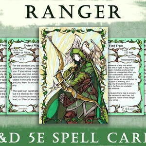May include: A set of D&D 5E spell cards for a Ranger class. The cards feature a green border with tree branch illustrations, text detailing spells like Fog Cloud, Detect Magic, Find Traps, and Stoneskin, and a central card showing an archer.