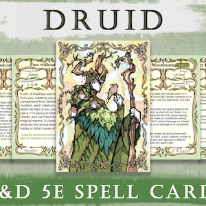 May include: Set of Druid D&D 5E spell cards. The cards feature illustrations of a Druid character with a staff and a bird. The cards have text describing spells like Moonbeam and Pass Without Trace. The word "DRUID" is at the top.