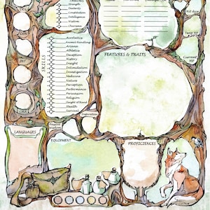 May include: A watercolor illustration of a character sheet for a tabletop role-playing game. The sheet is designed to look like a tree with branches and leaves. The sheet includes spaces for character name, class, race, alignment, level, background, experience points, death saves, saving throws, skills, attacks and spellcasting, features and traits, proficiencies, languages, equipment, and inspiration.