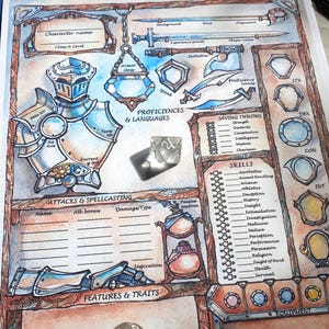 May include: A hand-drawn character sheet for a tabletop role-playing game. The sheet features a detailed illustration of a knight in armour, along with sections for character name, class, level, armour class, saving throws, skills, attacks, and spells. The sheet is designed to be used with a pencil or pen.
