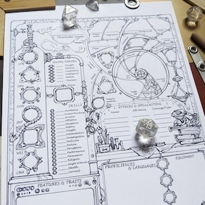 以下が含まれることがあります： テーブルトークRPG用の詳細な白黒キャラクターシート。スキル、セービングスロー、攻撃のセクションがあり、スチームパンク風のデザインです。透明なサイコロがいくつか散らばっています。
