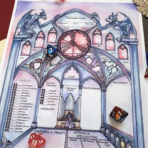 May include: A watercolor character sheet for a tabletop role-playing game. The sheet features a gothic cathedral design with gargoyles, stained glass, and various sections for skills, saving throws, and equipment. Several multi-sided dice are scattered around the sheet.