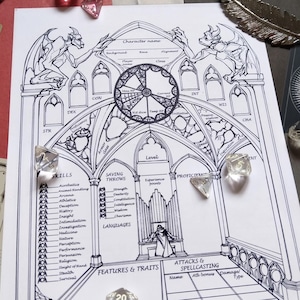 May include: A black and white character sheet for a role-playing game, featuring gothic architectural elements and illustrations of gargoyles. Includes sections for skills, saving throws, and attacks, with dice scattered around.