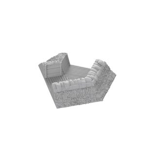 Può includere: Una sezione di muro angolare grigia in miniatura, probabilmente per un gioco da tavolo o un modello. La struttura presenta un esterno strutturato simile alla pietra e un interno in assi di legno, creando un aspetto dettagliato e realistico. Il design suggerisce un tema medievale o fantasy.