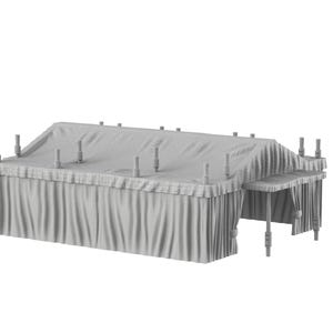 Op de afbeelding: Een grote, grijze tent van canvas met een wit stoffen dak en meerdere palen. De tent heeft een grote open ingang en een kleinere zij-ingang.