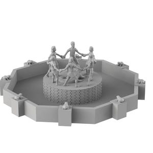 Peut inclure: Une fontaine octogonale grise avec une base en briques et un groupe d'enfants se tenant la main et dansant en cercle au sommet. La fontaine est entourée d'un mur bas avec de petites statues de grenouilles à chaque coin.