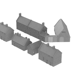 Op de afbeelding: Een set van zeven grijze miniatuurgebouwen, waaronder een boerderij, een schuur en een aantal kleinere huizen. De gebouwen zijn gemaakt van een getextureerd materiaal en hebben realistische details, zoals ramen, deuren en daken.