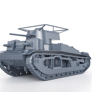 May include: A grey model of a World War I era tank with a raised gun turret and tracks.