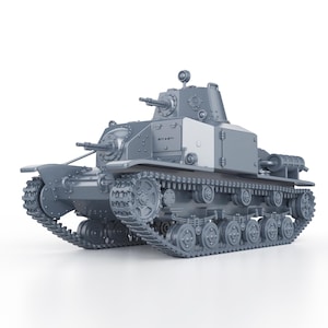 Op de afbeelding: Een grijs model van een Japanse Type 95 Ha-Go tank, een lichte tank die door het Japanse Keizerlijke Leger werd gebruikt tijdens de Tweede Wereldoorlog. De tank heeft een toren met een kanon en een rupsbandsysteem met wielen.