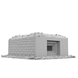 May include: A gray concrete bunker with a brick facade and a single entrance. The bunker is surrounded by a small amount of dirt.