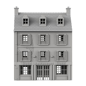 May include: A gray model of a three-story building with a tiled roof. The building has three windows on each floor, a door, and the words "Hotel Restaurant Hotel" on the front.