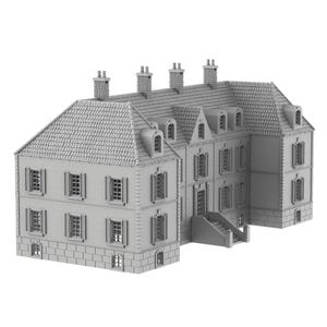 May include: A gray model of a large, multi-story house with a gabled roof and multiple windows. The house has a front porch with steps leading up to the entrance.