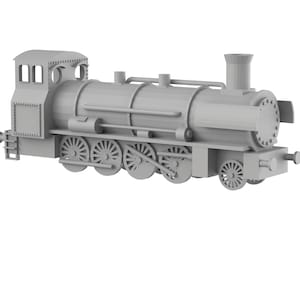 Op de afbeelding: Een grijs model van een stoomtrein, met een schoorsteen, meerdere wielen en een cabine. Het ontwerp toont de ingewikkelde mechaniek van een vintage locomotief, met een klassieke esthetiek. Het model is een gedetailleerde weergave.