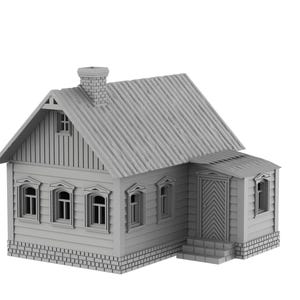 Op de afbeelding: Een grijs miniatuurhuis met een zadeldak, schoorsteen en meerdere ramen. Het huis heeft een veranda en is gebouwd met gedetailleerde gevelbekleding en metselwerk. Het algehele ontwerp doet denken aan een traditioneel landelijk huis.