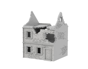 Puede incluir: Un edificio gris en ruinas con una fachada de ladrillo y un techo que falta. El edificio tiene varias ventanas y una puerta, y hay signos de daños por un bombardeo u otro desastre.