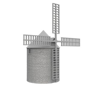 Può includere: Un mulino a vento in pietra grigia con un tetto in legno e quattro pale. Il mulino a vento è su uno sfondo bianco.