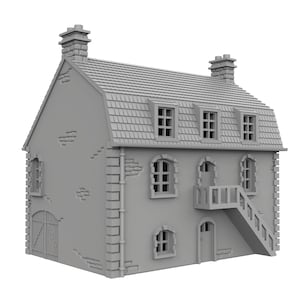 May include: A gray model of a two-story house with a gabled roof, three windows on the top floor, and a door and windows on the bottom floor. The house has a small balcony and a set of stairs leading up to it.