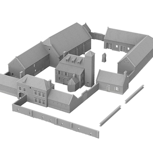 Peut inclure: Maquette grise d'un village médiéval, comprenant plusieurs bâtiments, dont une église, des maisons et des murs. Le modèle est conçu avec des détails complexes, mettant en valeur les éléments architecturaux des structures. L'ensemble est clos, suggérant un établissement fortifié.