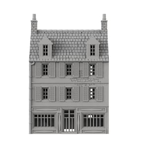 Op de afbeelding: Een grijs model van een gebouw met twee verdiepingen, een zadeldak, ramen en een deur. Het gebouw heeft een verweerde bakstenen gevel en luiken voor de ramen.