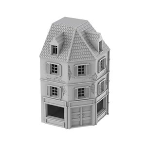 Peut inclure: Maquette grise d'un bâtiment à trois étages avec un toit en tuiles, des lucarnes et de multiples fenêtres à volets. Le bâtiment a un design d'angle avec une devanture au rez-de-chaussée. C'est une réplique miniature.