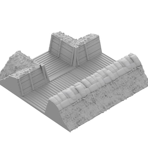 Peut inclure: Diorama miniature grise d'un système de tranchées, avec des planches de bois, des sacs de sable et un sol en métal ondulé. Le modèle est conçu pour les jeux de table ou les expositions historiques.
