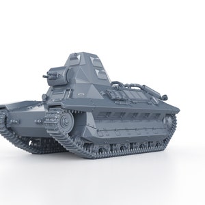 Puede incluir: Un modelo gris detallado de un tanque con una torreta y orugas. El tanque está sobre un fondo blanco.