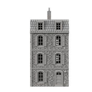 May include: A gray stone building with three floors and a gabled roof. The building has six windows and a door with a rounded arch. The windows have shutters.