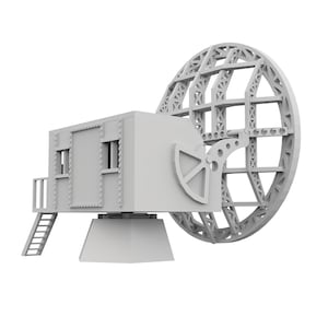 Peut inclure: Modèle 3D gris clair d'une structure avec une cabine rectangulaire, un grand treillis circulaire et une petite échelle. La cabine a deux fenêtres et une porte. Le treillis circulaire est relié à la cabine.