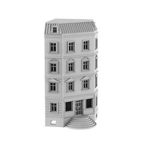 Puede incluir: Un modelo blanco de un edificio de tres pisos con un techo gris, ventanas y una puerta. El edificio tiene un conjunto de escaleras que conducen a la puerta.