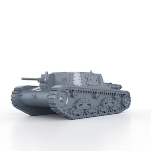 Peut inclure: Un modèle de char gris avec un long canon et des chenilles détaillées. Le char a une carrosserie carrée avec des rivets et des panneaux, sur fond blanc. Le modèle est une réplique miniature d'un véhicule militaire.