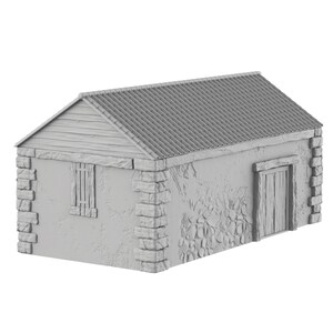 Peut inclure: Un bâtiment en pierre et en bois gris avec un toit en métal ondulé. Le bâtiment a une seule fenêtre et une porte en bois.