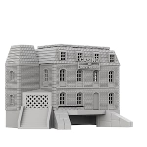 Peut inclure: Modèle 3D imprimé en gris d'un bâtiment avec une enseigne indiquant "Casino de Quistreham". Le bâtiment a une façade en briques et un toit en tuiles. Il y a des fenêtres et une porte sur la façade du bâtiment.