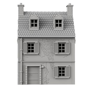 May include: A gray, two-story, brick building with a gabled roof, two windows on the top floor, and a door and two windows on the bottom floor. The building has a weathered look with some of the bricks missing.