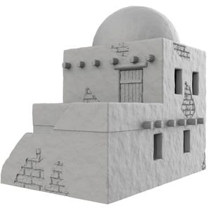 Op de afbeelding: Een wit, miniatuurmodel van een gebouw met een koepelvormig dak. Het gebouw heeft een deur en meerdere ramen. Het model is gemaakt van een getextureerd materiaal dat op steen lijkt.