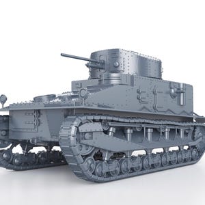 May include: A grey metal model of a World War I era tank with a large gun turret and tracks.