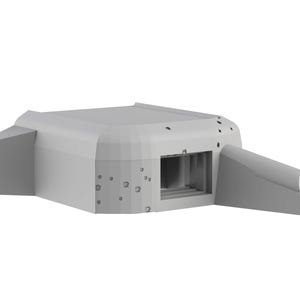 Peut inclure: Modèle 3D gris clair d'un bunker en béton. Le bunker a une forme rectangulaire avec un toit plat et une entrée en retrait. Il y a plusieurs petites indentations circulaires à l'extérieur, suggérant des dommages ou des intempéries.