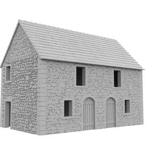Puede incluir: Un edificio de piedra gris con tejado a dos aguas. El edificio tiene múltiples ventanas y dos puertas arqueadas con puertas de madera. Las paredes están construidas con piedras de forma irregular, y el tejado está cubierto con pequeñas tejas.