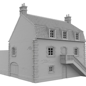May include: A gray, detailed miniature building with a pitched roof, multiple windows, and a staircase. The model features brick accents, a chimney, and a weathered appearance, suggesting an old-world architectural style. The building is a perfect addition to a model village.