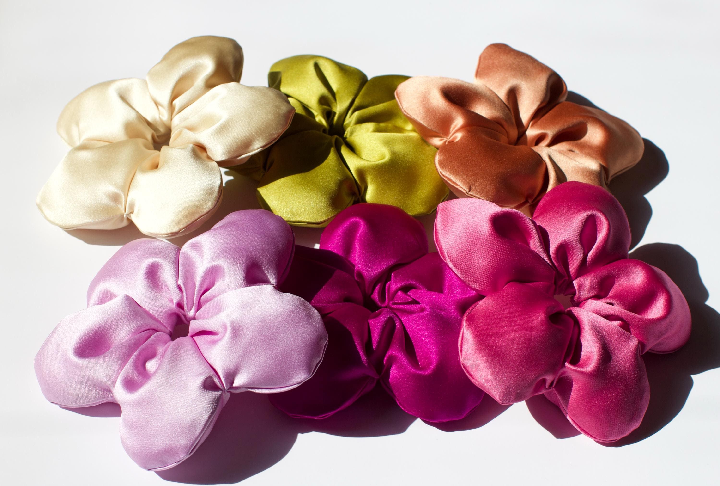 XL| Silk and Jewels Collection - Satin Flower Scrunchies 