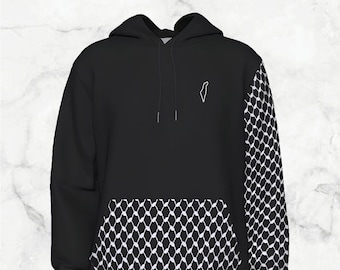 パレスチナ・ケフィヤ スリーブ＆ポケットプリントパーカー - ブラック